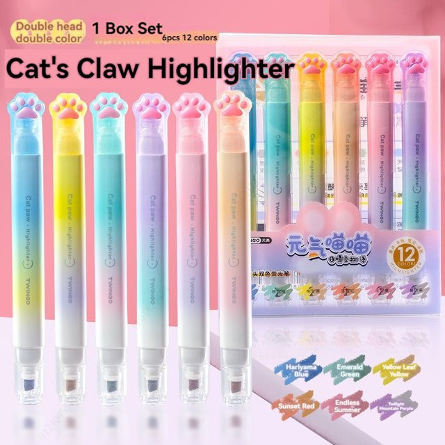 Kissbuty Katzenpfoten Textmarker Set mit 12 Farben, doppelseitige Farbverlauf Marker für Schule und Studium, Multicolor - Bild 1