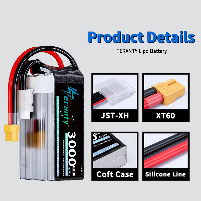 TERANTY 6S Li-Ion Akku 22,8V 3000mAh 80C/160C Schwarz für FPV-Drohnen, Quadcopter, Hubschrauber, RC-Autos und Boote - Bild 3