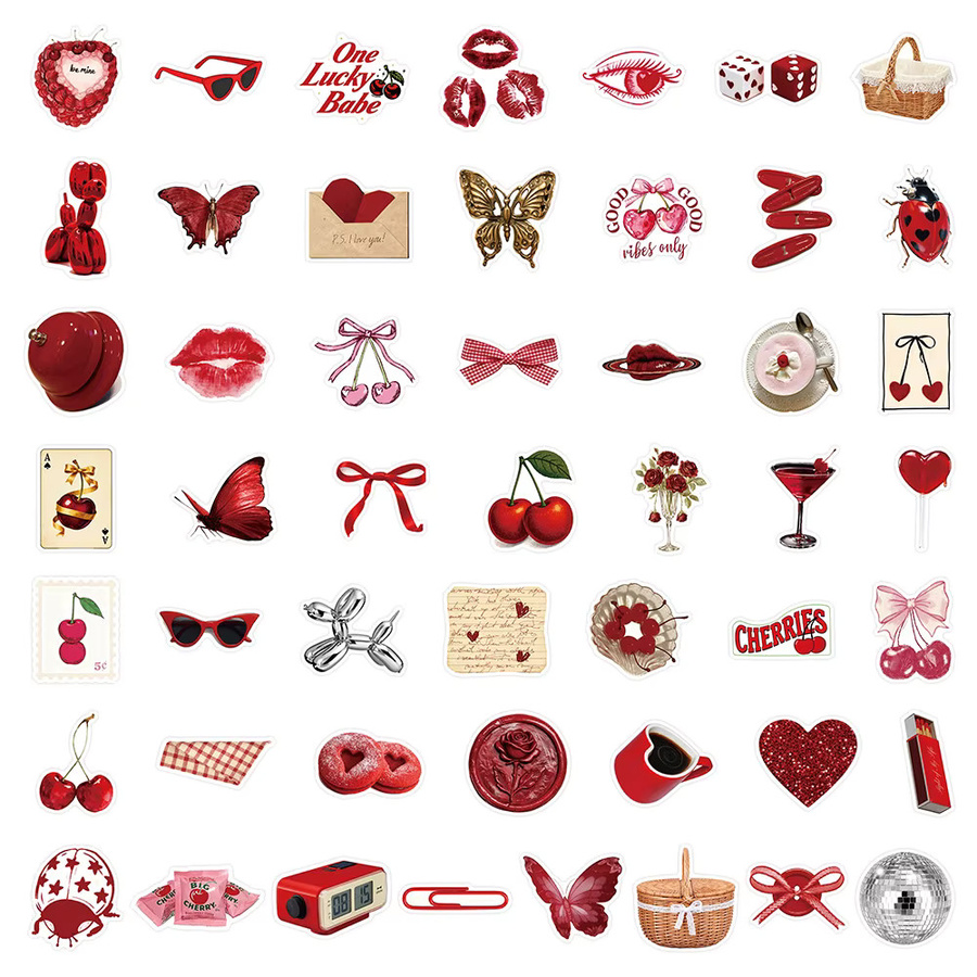 50 Stück rote Coquette-Ästhetik-Aufkleber mit Kirsch- und Schleifen-Motiven von BulingBulingStickers Store für dein Tagebuch oder deine Handyhülle - Bild 3