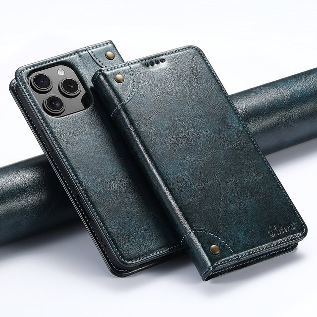 SUTENI Handyhülle aus Kunstleder mit Kartenhalter und Ständer als Magnet Flip Cover für iPhone 17 Pro Max 16 Plus 15 14 13 12 in Schwarz - Bild 1