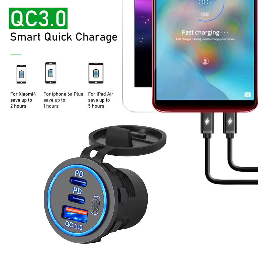 Kebidumei USB Auto Ladegerät mit Dual PD und QC3.0 Ports, Wasserdichtes USB-C Ladegerät für Lkw und Schiff, Schwarz - Bild 2