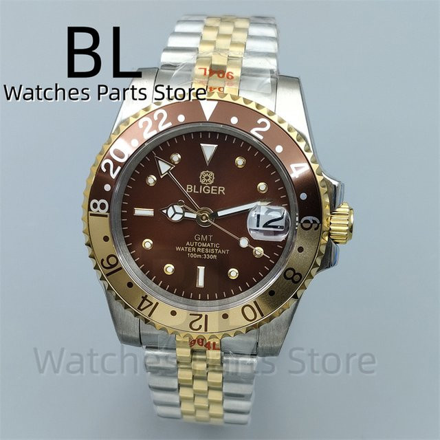 BLIGER Herrenuhr GMT, Automatik, Goldgehäuse, 40 mm, braunes Zifferblatt - Bild 1