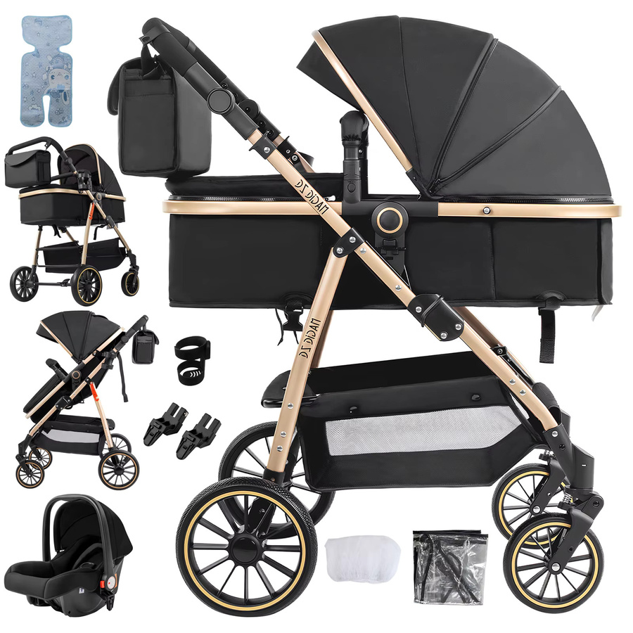 Magic ZC 3-in-1 Baby-Kinderwagen Set mit Autositz und Schlafkorb, faltbares Reisesystem in Schwarz-Gold mit Regenschutz, Moskitonetz, Fußsack und Wickeltasche - Bild 8