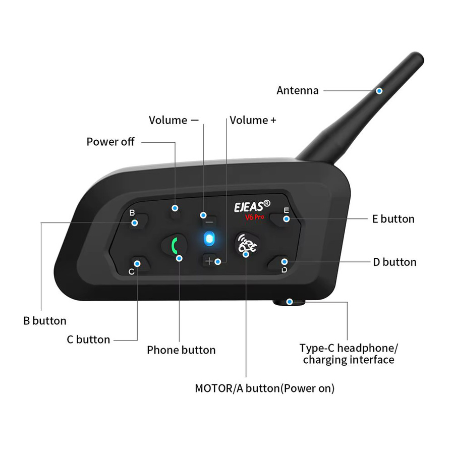 Ejeas V6 Pro Bluetooth Motorrad Intercom Helm Headset für 6 Fahrer in Schwarz - Bild 3