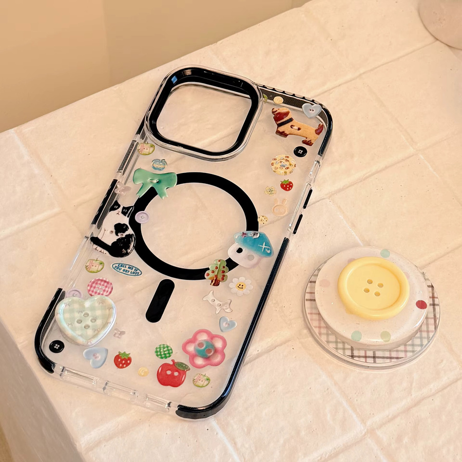 MUQGEW Magnetische iPhone Handyhülle mit Koreanischem Graffiti 3D-Gittermuster und Knopfhalterung, Transparent, Stoßfest - Bild 4