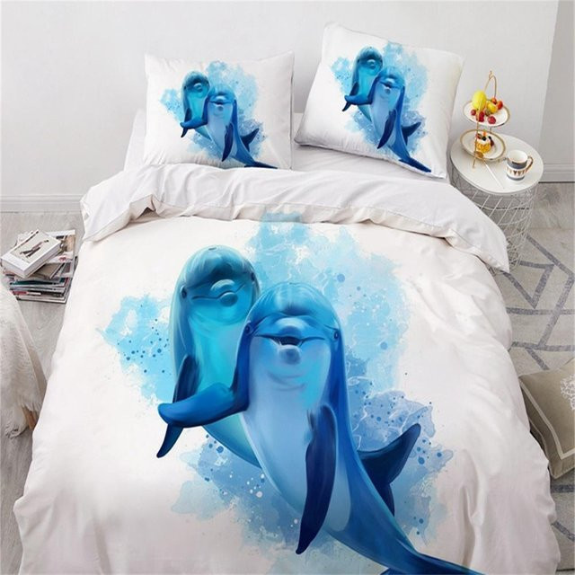 Moderne 3D Bettwäsche mit Delfin-Motiv in Blau, Set aus Bettbezug und Kissenbezug aus Mikrofaser, B/H: 140 x 200 cm - Bild 1