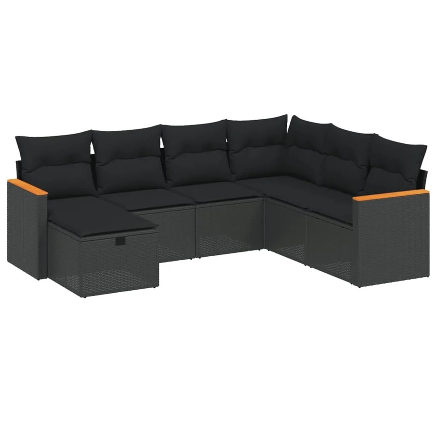 vidaXL 7-tlg. Garten-Sofagarnitur in L-Form aus schwarzem PE-Rattan mit Polsterkissen und pulverbeschichtetem Stahlgestell - Bild 2