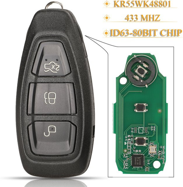 Jingyuqin Funkschlüssel mit 3 Tasten für Ford Focus C-Max Mondeo Kuga Fiesta B-Max, 433/434MHz, 4D63-80Bit, KR55WK48801, Schwarz - Bild 1