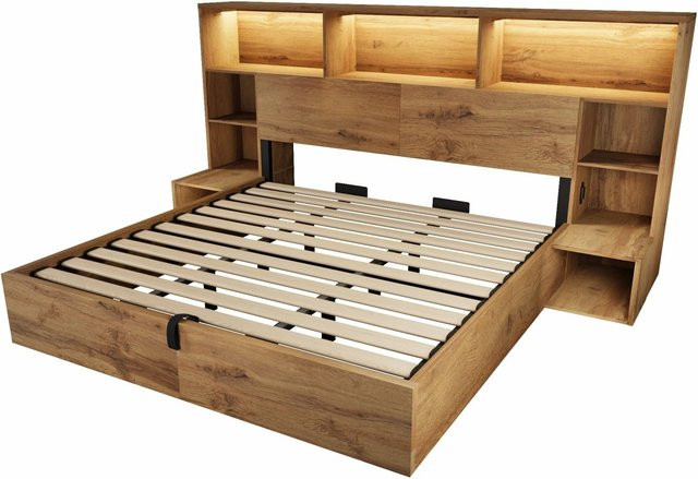 Merax Systembett mit Hydraulik, LED und USB-C in Eiche und Braun, B/T/H: 180 x 200 x 254 cm - Bild 1