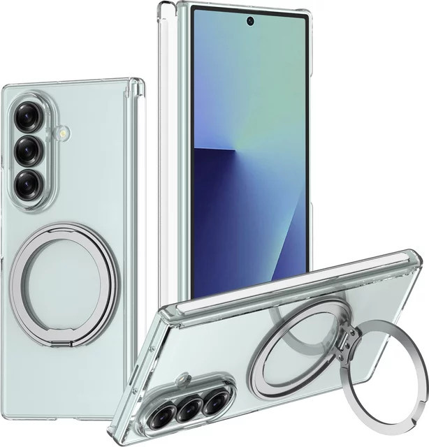 Samsung Galaxy Z Fold 7 Handyhülle mit 360-Grad-Magnetständer und kabelloser Ladefunktion in Transparent/Silber - Bild 1