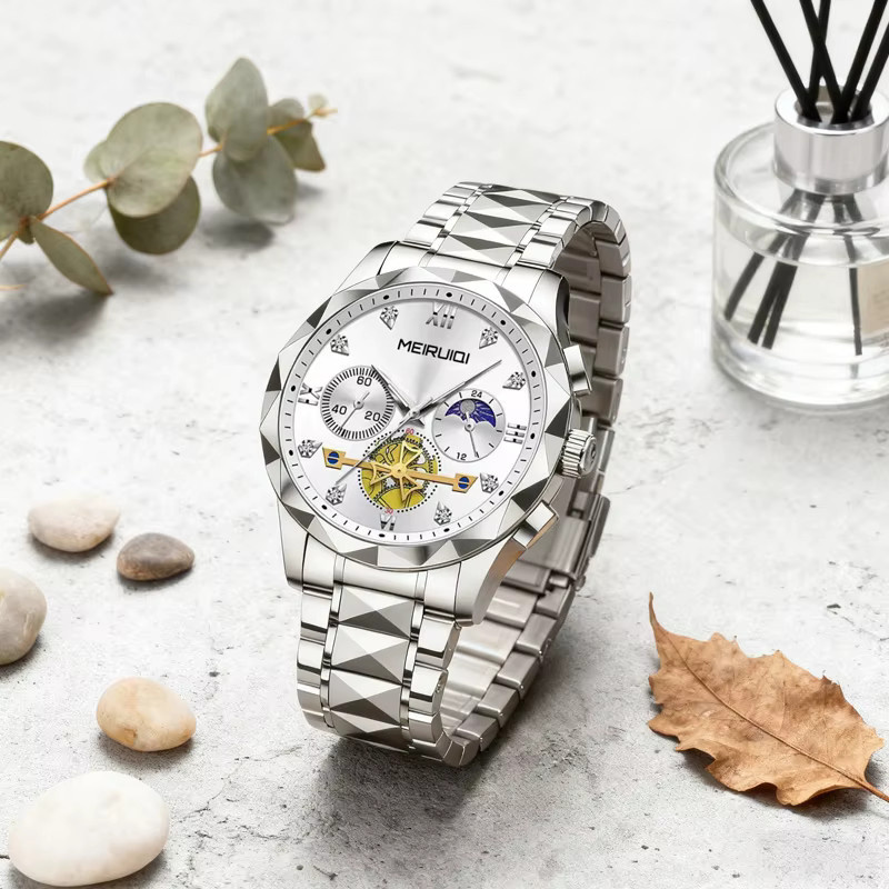 MEIRUIQI Armbanduhr Quarz, Edelstahl, Silber, Herren - Bild 3