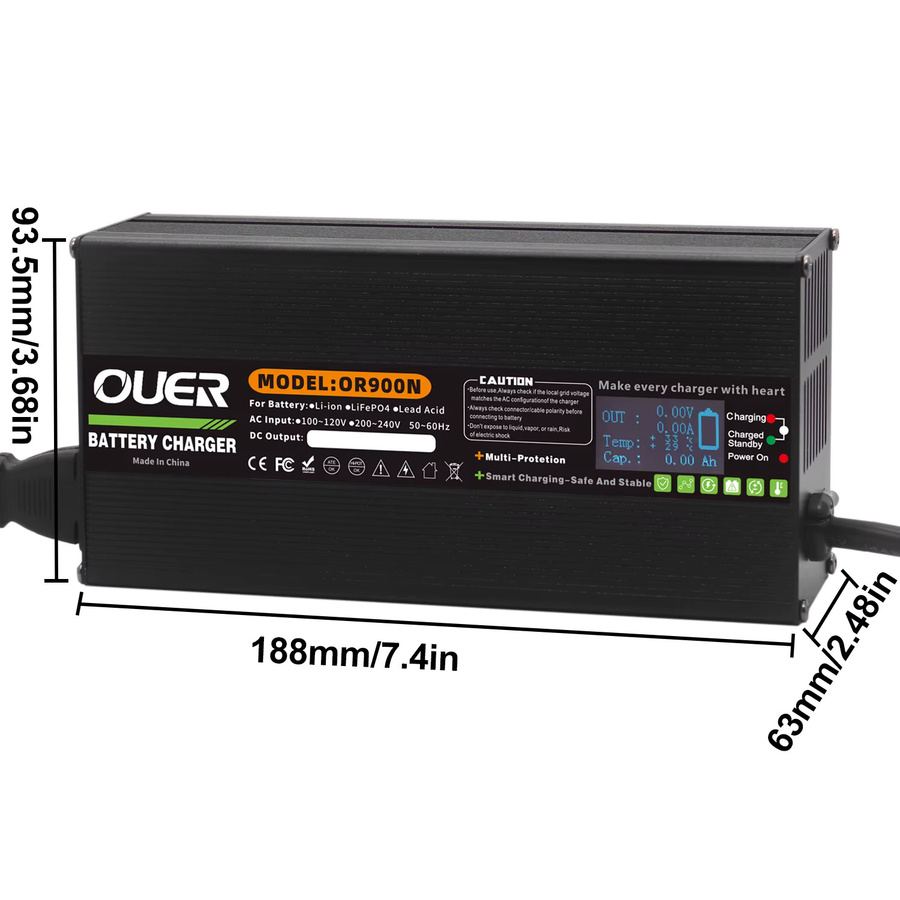 OUER Lithium-Batterieladegerät 84V 10A Hochleistungs-Schnellladegerät für 72V 74V 20S Lithium-Batterien mit Digitalanzeige, Schwarz - Bild 2