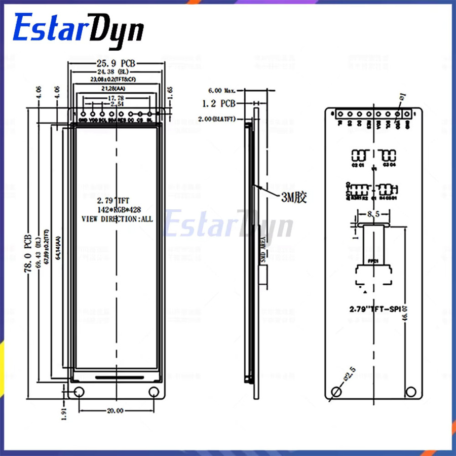 Estardyn NV3007 TFT LCD-Display 2,79 Zoll Vollfarbmodul mit SPI 8-Pin in Blau, B/H: 142 x 428 mm - Bild 3
