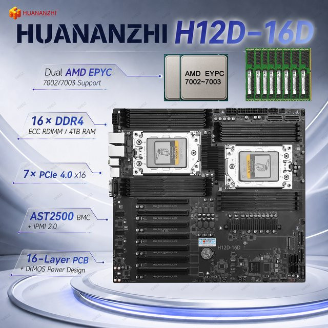 HUANANZHI H12D-16D Server Mainboard für doppelte AMD EPYC 7002 und 7003 CPUs, 16x DDR4 RDIMM, 4TB IPMI, doppeltes 2.5G LAN, PCIe 4.0, Formfaktor E-ATX, Schwarz - Bild 1
