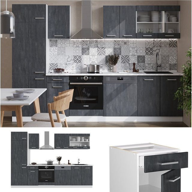 Vicco Küchenzeile R-Line in Schwarz Beton und Weiß, Breite: 300 cm - Bild 1