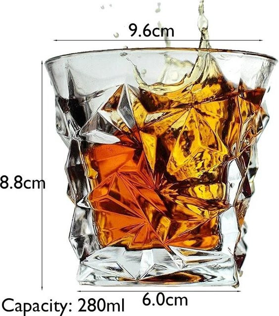 Yiran Furniture Kristallglas Tumbler mit geometrischem Muster für Whisky und Cocktails, Schwarz, 280 ml - Bild 1