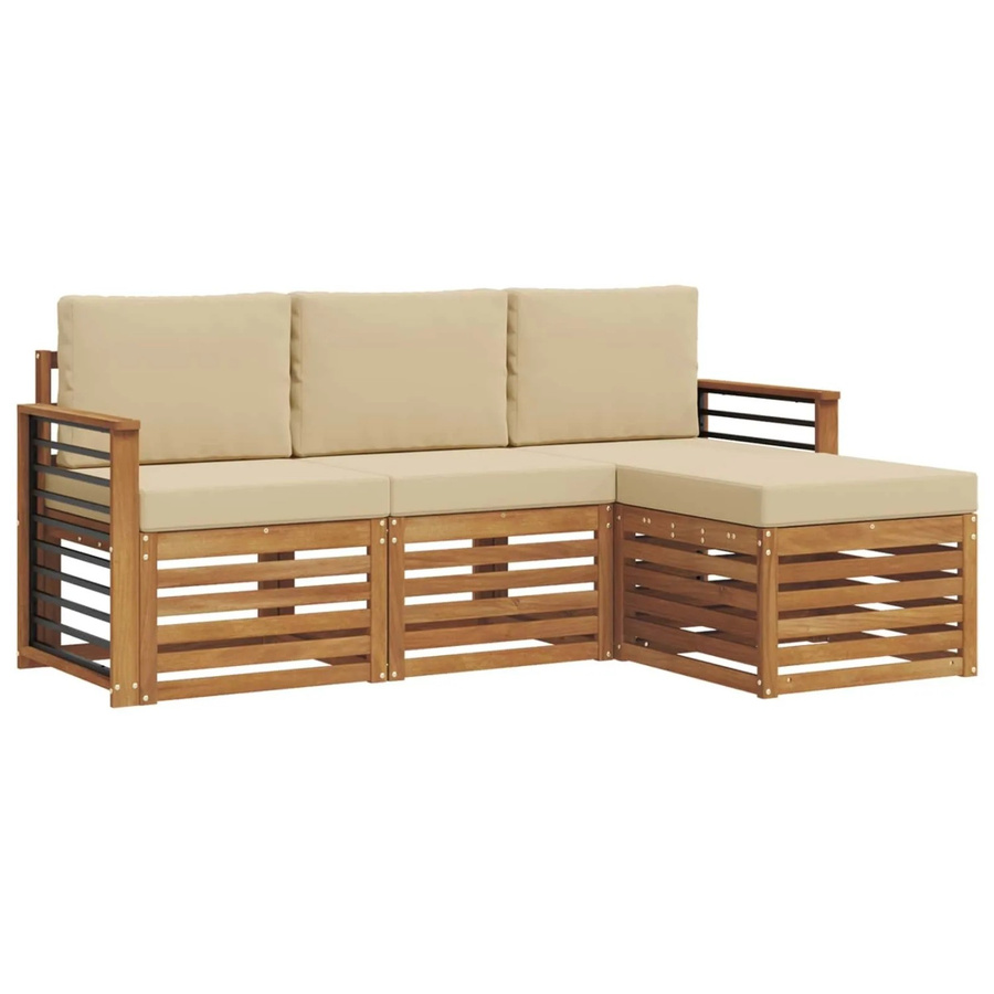 vidaXL Sofagarnitur 4-teilig aus Massivholz Akazie in Natur und Beige mit L-Form und Sitzkissen - Bild 2