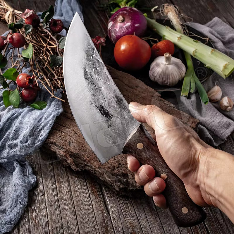 InLeung Handgefertigtes Metzgermesser aus kohlenstoffreichem Edelstahl mit Holzgriff in Silber - Bild 2