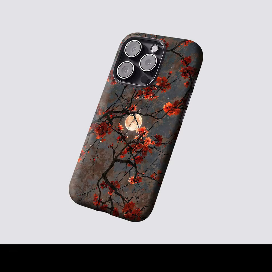 Aurbe Matte 2-in-1 MagSafe Hülle mit Schutzfilm für iPhone 17 16 Plus 17 Pro Max, Stoßfeste Hartschale, Mondlicht-Rot Kirschblütenzweige - Bild 2