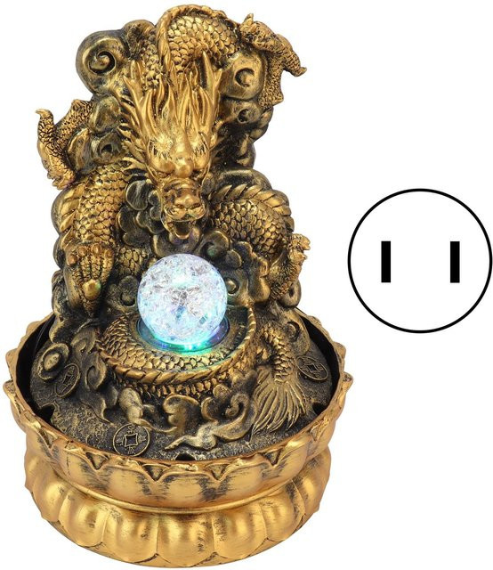 Aimo Drachenstatue Tischbrunnen aus Harz mit LED-Beleuchtung in Gold, Orientalisches Design für dein Zuhause oder Büro - Bild 1