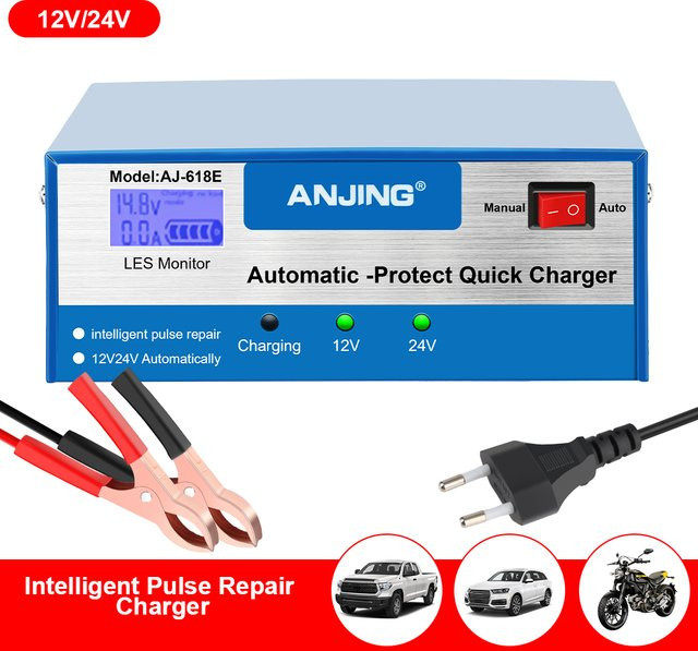 Intelligentes vollautomatisches Autobatterie-Ladegerät mit Puls-Reparaturfunktion für 12/24V Blei-Säure-Batterien bis 200Ah inklusive Adapter - Bild 1
