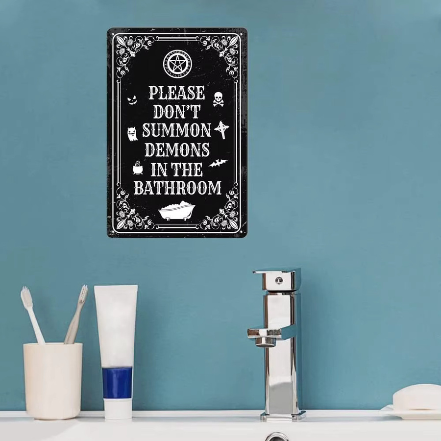 POBBUK Halloween Metallschild Bitte schlage Dämonen im Badezimmer nicht Wanddekoration Goth Schwarz - Bild 3