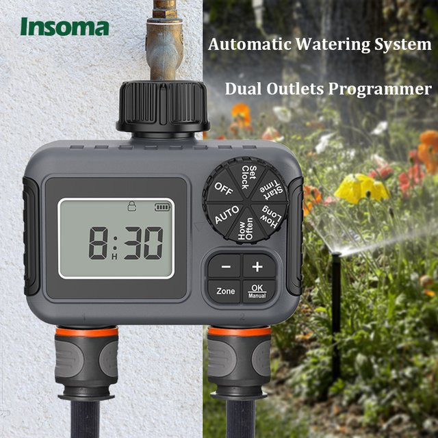Insoma 2-Zonen Sprinkler Timer Schwarz, Programmierbarer Bewässerungscomputer für Garten und Rasen, IPX5 Wasserdicht - Bild 1
