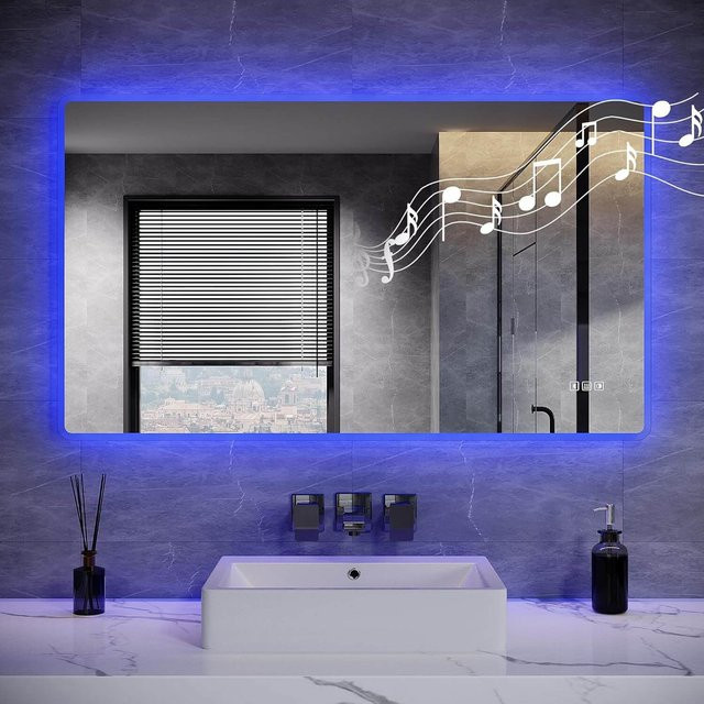 SONNI LED Badspiegel mit Beleuchtung, 3 Farbmodi, Steckdose, 3X Lupe und Anti-Beschlag-Funktion, B: 80 cm, H: 60 cm - Bild 1