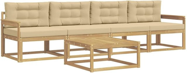 vidaXL Outdoor-Sofagarnitur aus Akazienholz mit 3-Sitzer-Sofa, Couchtisch und Kissen in Weiß, Beige und Braun - Bild 1