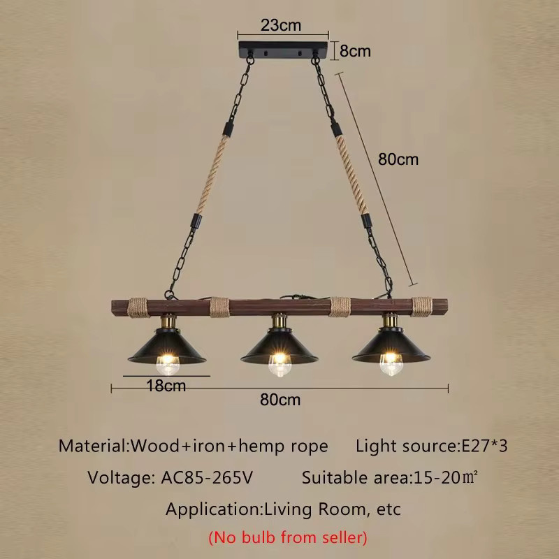 Vecli Retro Kronleuchter aus Massivholz und Hanfseil im Industrial Design, 3-flammige Pendelleuchte in Schwarz für Küche, Esszimmer oder Café - Bild 2