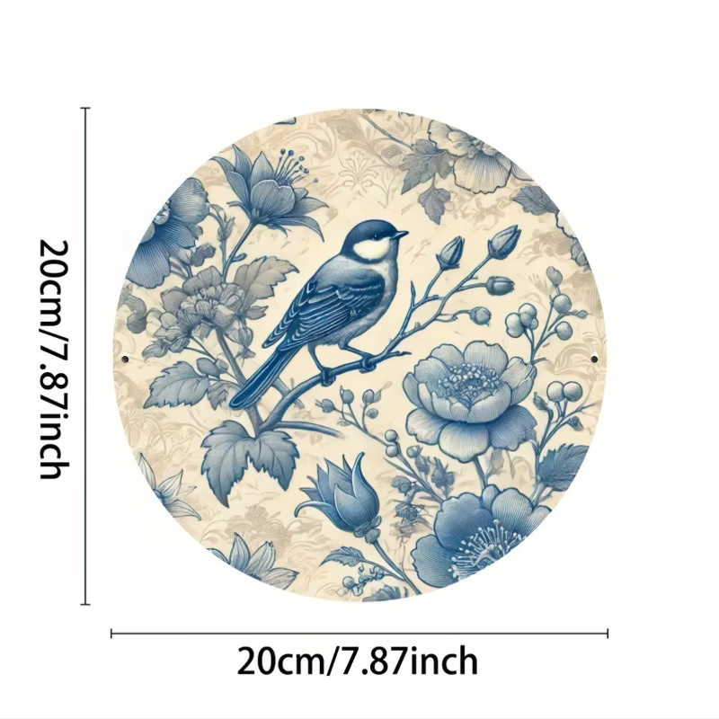 Rundes Metallschild von Potdemiel im Vintage-Stil mit blauem Blumenvogel-Design zur Wanddekoration - Bild 5