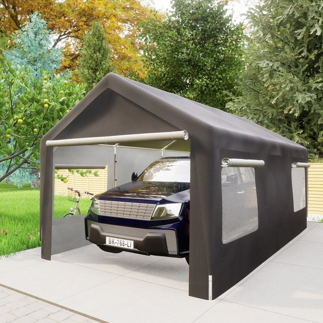 THANADDO Schwerlast-Carport mit Giebeldach in Grau, wasserdichte Outdoor-Autoüberdachung aus verzinktem Stahl mit Netzfenstern, B/T/H: 609,6 x 592,84 x 276,75 cm - Bild 1