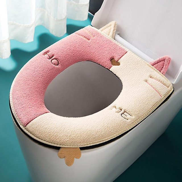 JYTO Toilettensitzbezug in Katzenform aus Baumwolle, Rosa, mit Griff und rutschfestem Design - Bild 1