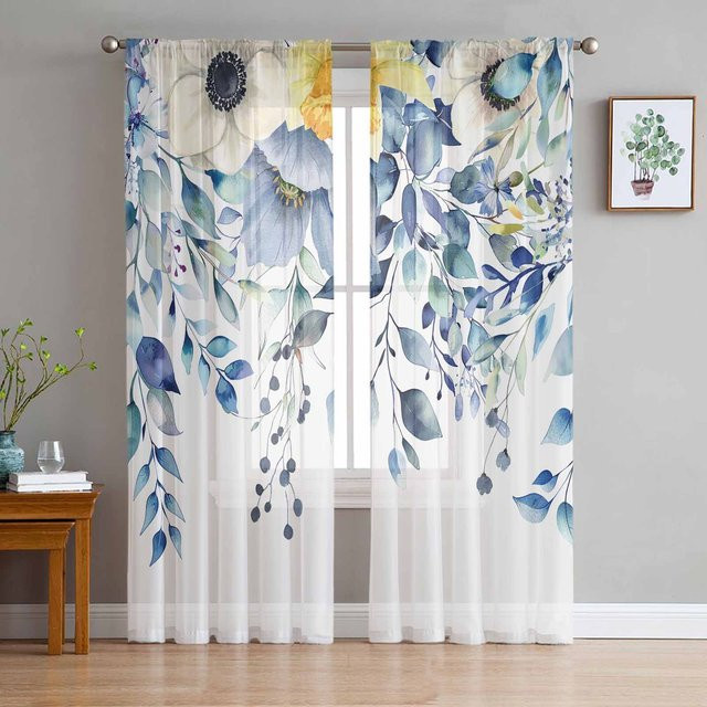 Transparente Tüll Voile Vorhänge mit Eukalyptusblättern und Wildblumen Design, Farbe Weiß, B: 135 cm, H: 115 cm - Bild 1