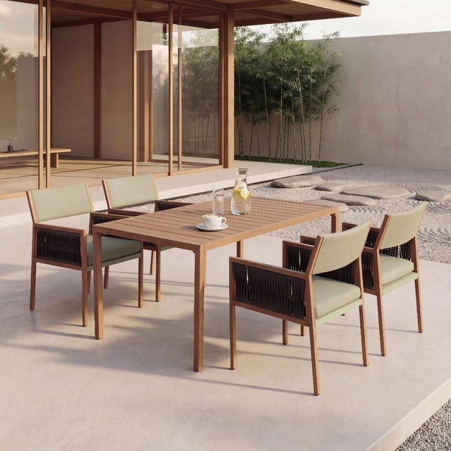 Garten-Essgarnitur MCW-Q12 Sitzgruppe aus Polyrattan und Olefin in Grün mit Tisch und 4 Stühlen - Bild 1