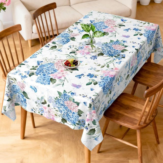 Rechteckige Tischdecke von JMG Household Supplies mit blauem Hortensien-Blumenmuster, waschbar, B/T: 140 x 140 cm - Bild 1