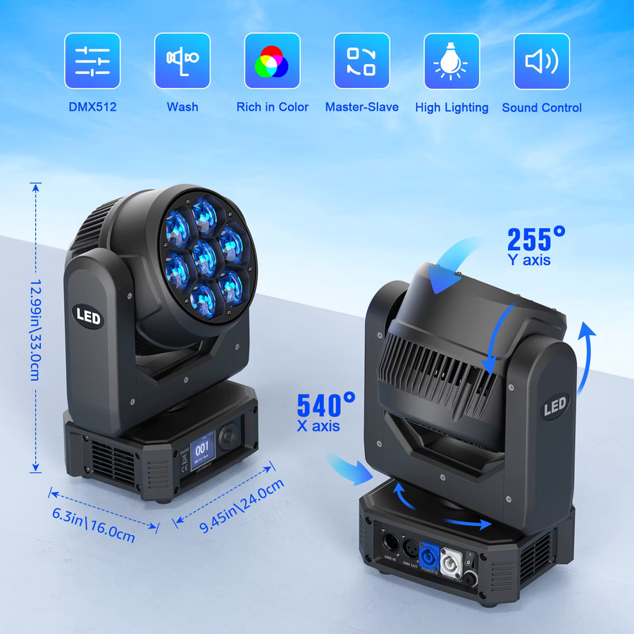 Yiflamefly 2er-Set Bee-Eye Moving Head Lights mit 350W und 7x50W RGBW LEDs in Schwarz inklusive Koffer - Bild 5