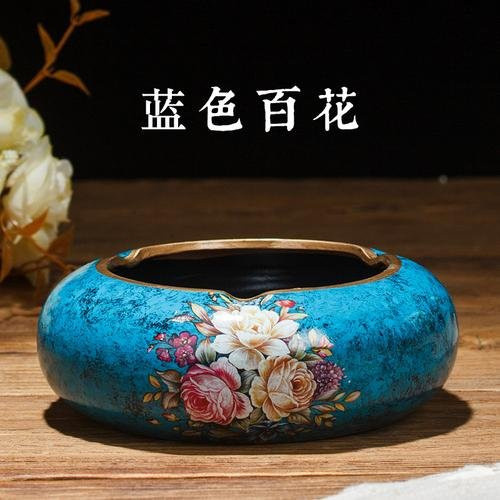 BORREY Keramik Aschenbecher mit Deckel im chinesischen Retro-Design, Blau, rund und floral - Bild 1