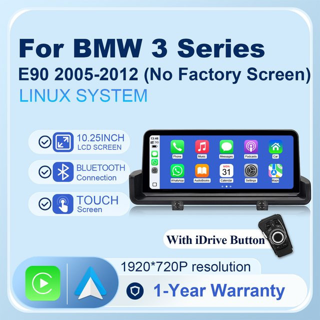 HIOUME Auto-Multimedia-Radio-Player für BMW 3er Serie E90 E91 E92 E93 M3 (2005-2012) mit 10,25 Zoll Touchscreen, kabellosem CarPlay, Android Auto, GPS und Bluetooth in Schwarz - Bild 1