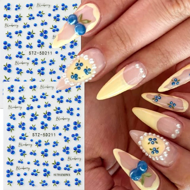 2 Stück Nagelkunst-Sticker, Blaubeer-Gelee, 5D Geprägte Beeren, Glänzend - Bild 1