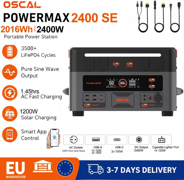 OSCAL PowerMax 2400SE Tragbare Powerstation mit 2400W und 2016Wh Kapazität, Lifepo4 Solargenerator und wiederaufladbare Batterie für Outdoor, Camping und Notstromversorgung - Bild 1