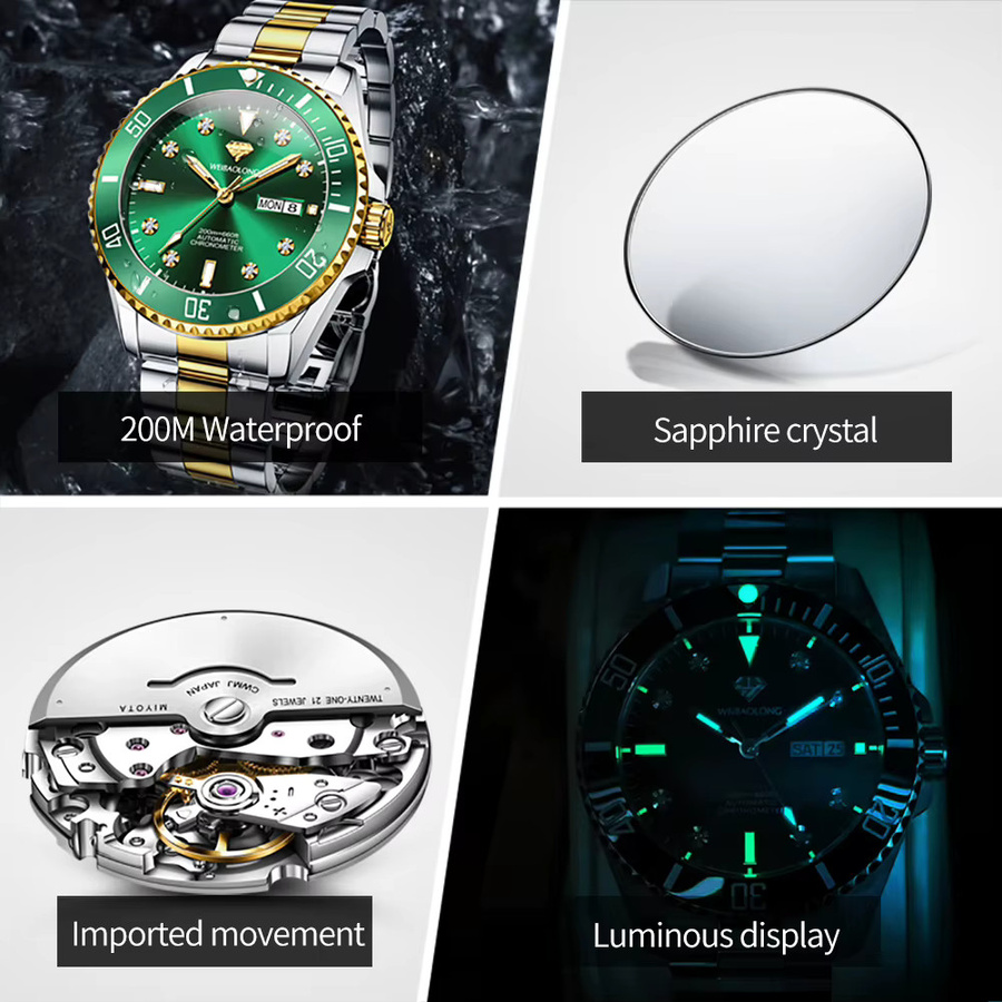 WEIBAOLONG Armbanduhr Automatik, Edelstahl, Diamant, Herren, Grün, Silber - Bild 5