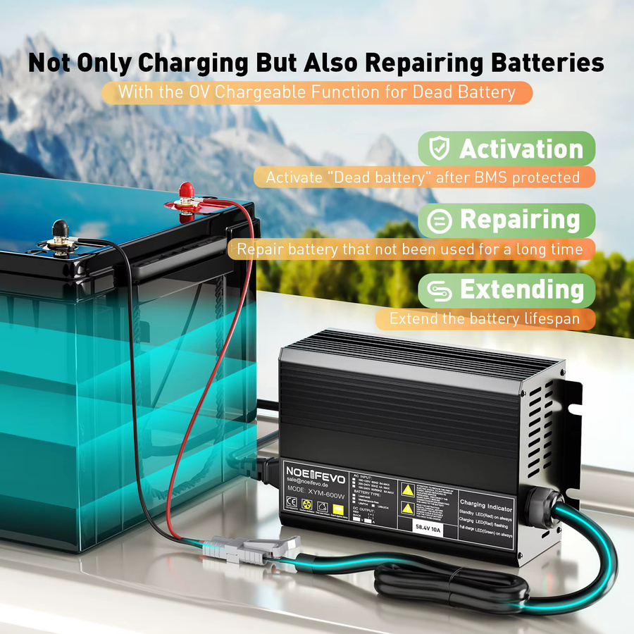 NOEIFEVO LiFePO4 Batterieladegerät 48V 51.2V 58.4V 10A 16S Schnellladegerät mit 0V BMS-Aktivierung und 8 Schutzfunktionen in Schwarz für Golfwagen und Wohnmobile - Bild 3