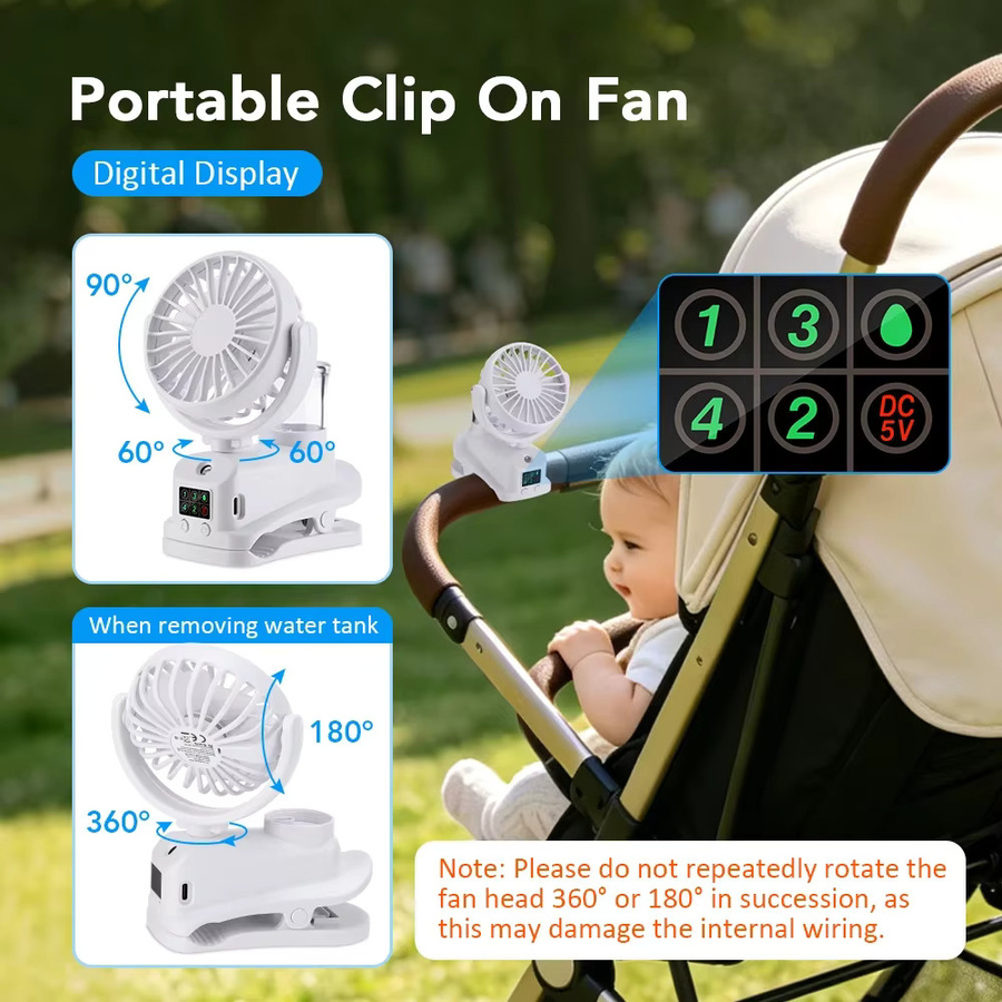AFDEAL Tragbarer Clip-On-Nebelventilator mit LED-Digitalanzeige und 4 Geschwindigkeiten, USB-wiederaufladbar, Farbe: Weiß - Bild 4