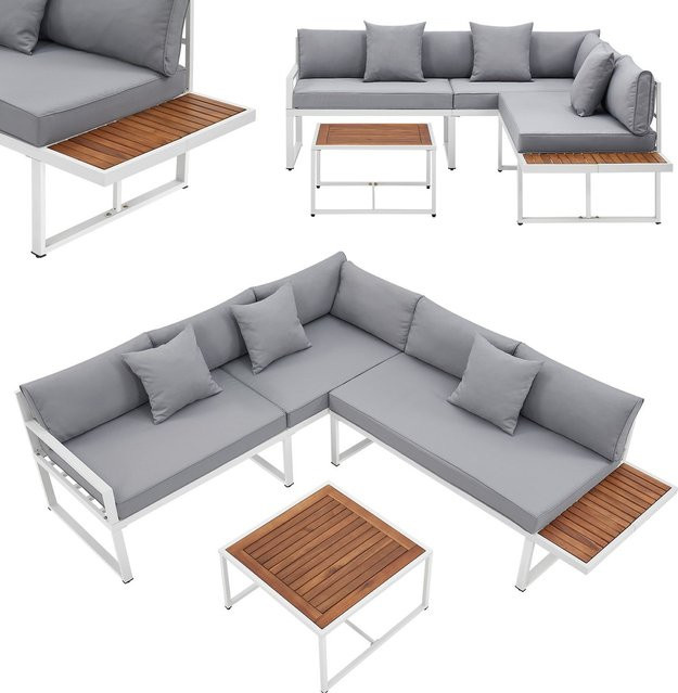 Juskys Gartenmöbel Lounge St. Tropez Set in Weiß und Hellgrau mit Tisch, Sofa und Kissen aus Akazienholz und pulverbeschichtetem Stahl - Bild 2