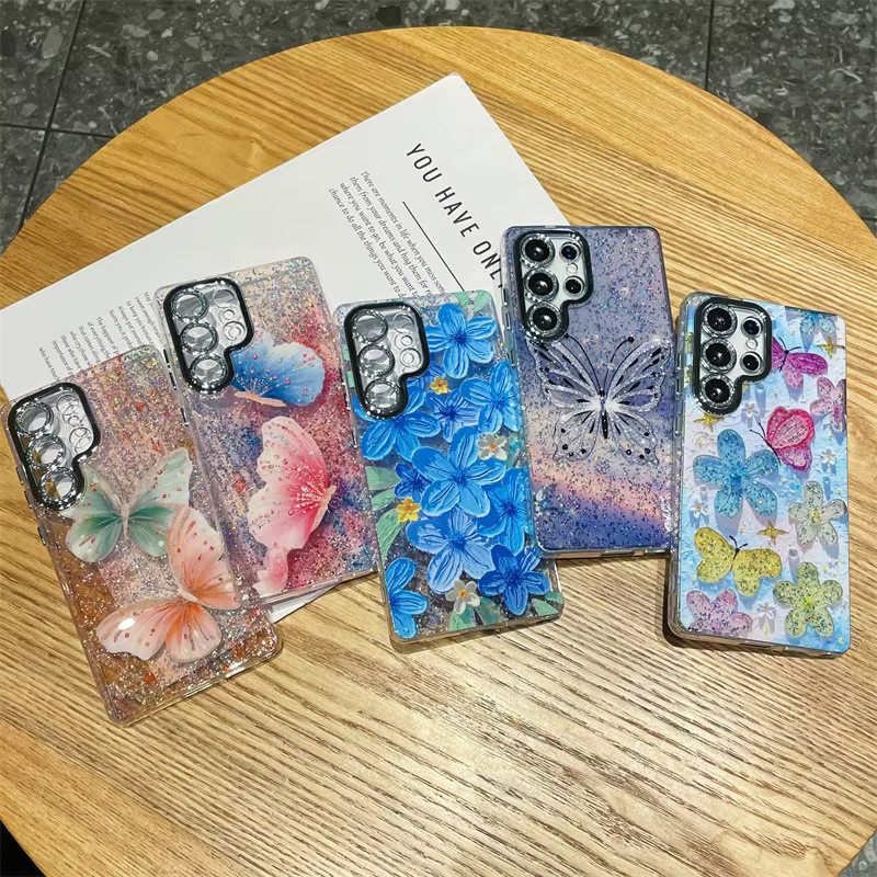 Stoßfeste Handyhülle mit Ölgemälde-Blumen-Schmetterlings-Druck und Glitzer-Effekt für Samsung Galaxy S26 S25 S24 S23 Ultra Plus, Mehrfarbig - Bild 1