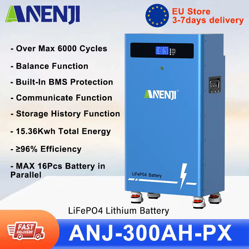 ANENJI LiFePO4 Lithium-Batteriepack 51,2V 15kWh 300Ah mit Bluetooth und BMS für Solar-Photovoltaik-Speichersysteme in Blau - Bild 2