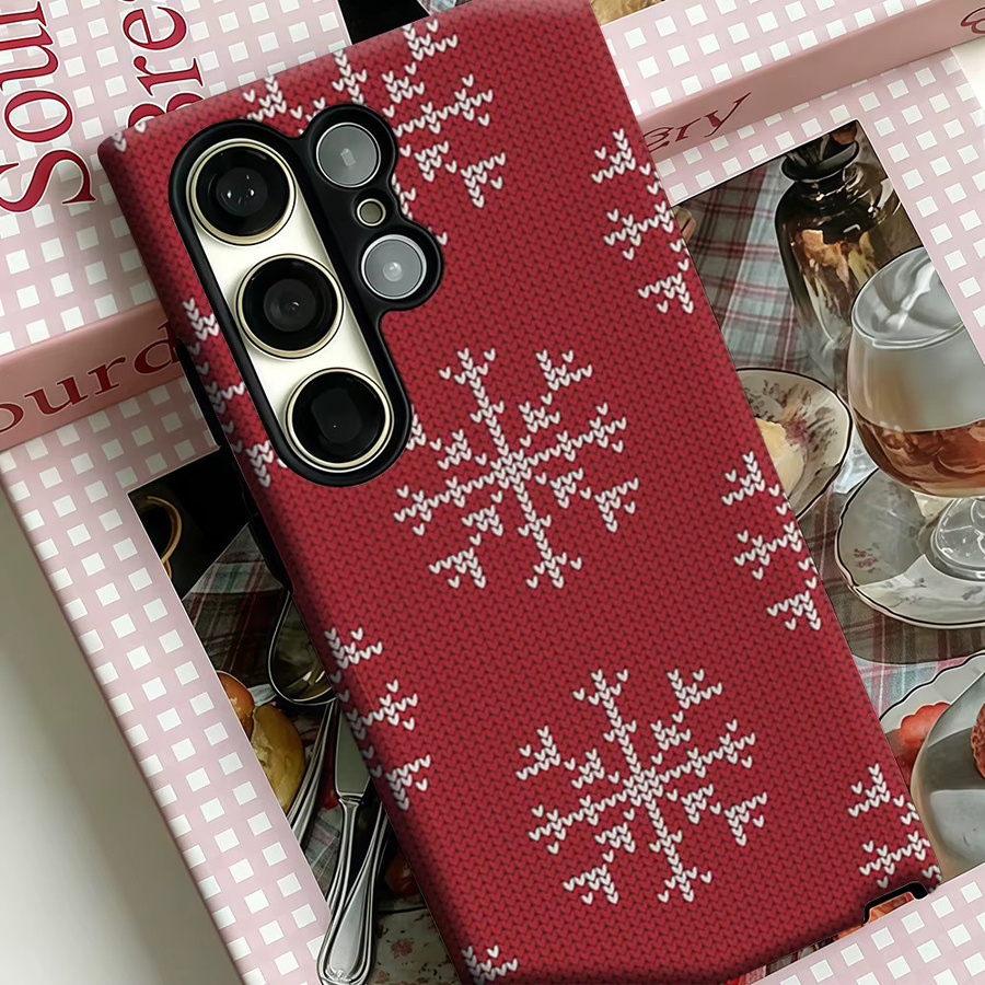 Stoßfeste Doppelschicht Handyhülle mit rotem Strick-Schneeflockenmuster für Samsung Galaxy S25 Ultra, S24 und S23 Ultra Plus - Bild 4