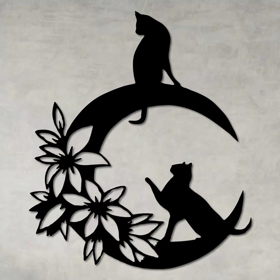 CIFBUY Metall-Wandkunst Schwarze Katze auf dem Mond mit floralen Akzenten, Farbe: Schwarz - Bild 4