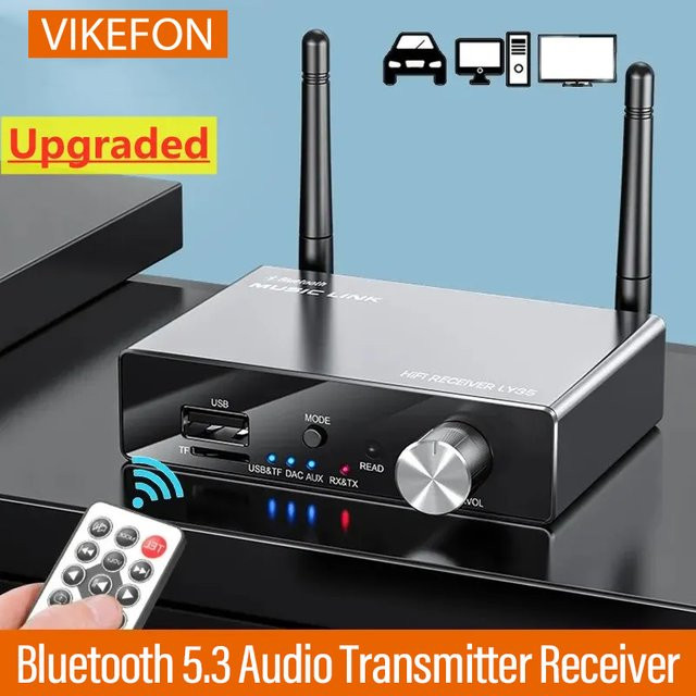 VIKEFON Bluetooth 5.3 Sender und Empfänger in Schwarz mit niedriger Latenz, AUX 3,5mm und optischem Anschluss inklusive Fernbedienung für TV und PC - Bild 1